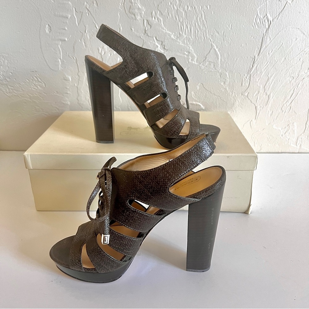 COACH  Moreen Shiny Textured Lace-Up Stacked Heels in Olive size 8.5M 🫒 - Picture 2 of 16
